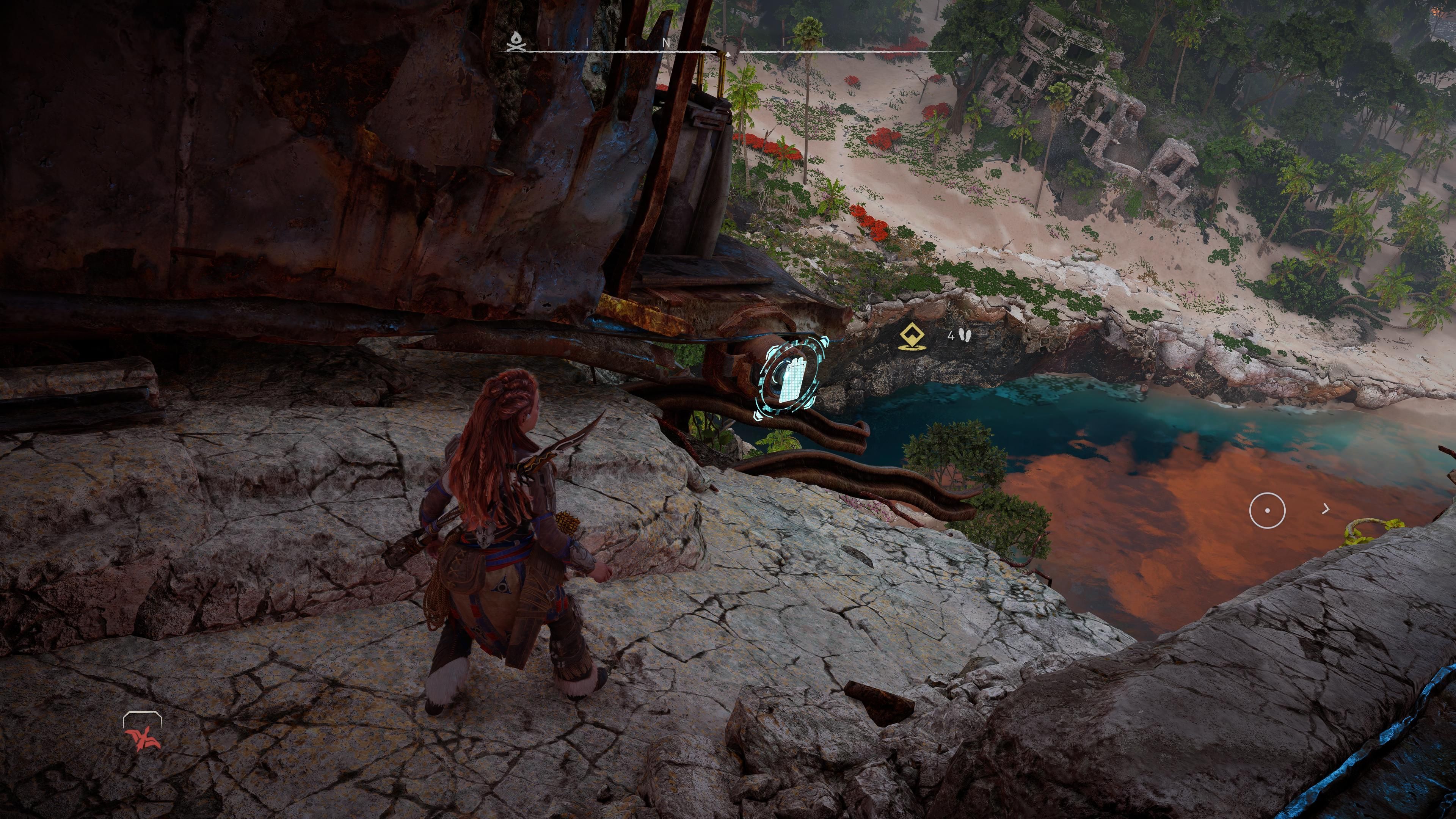 Horizon Forbidden West Burning Shores Aloy Picking Up Energy Cell From Cliffside Train Car In Murmuring Hollow Relic Ruin