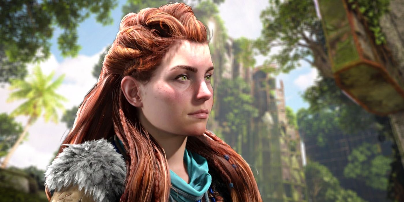 A cut-out of Aloy with a neutral expression behind a blurred image of a dilapidated, overgrown structure in Horizon Forbidden West Burning Shores.