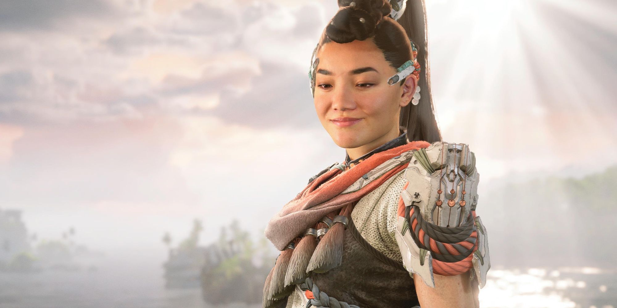 Seyka looking down to Aloy offscreen in a cutscene from Horizon Forbidden West: Burning Shores.
