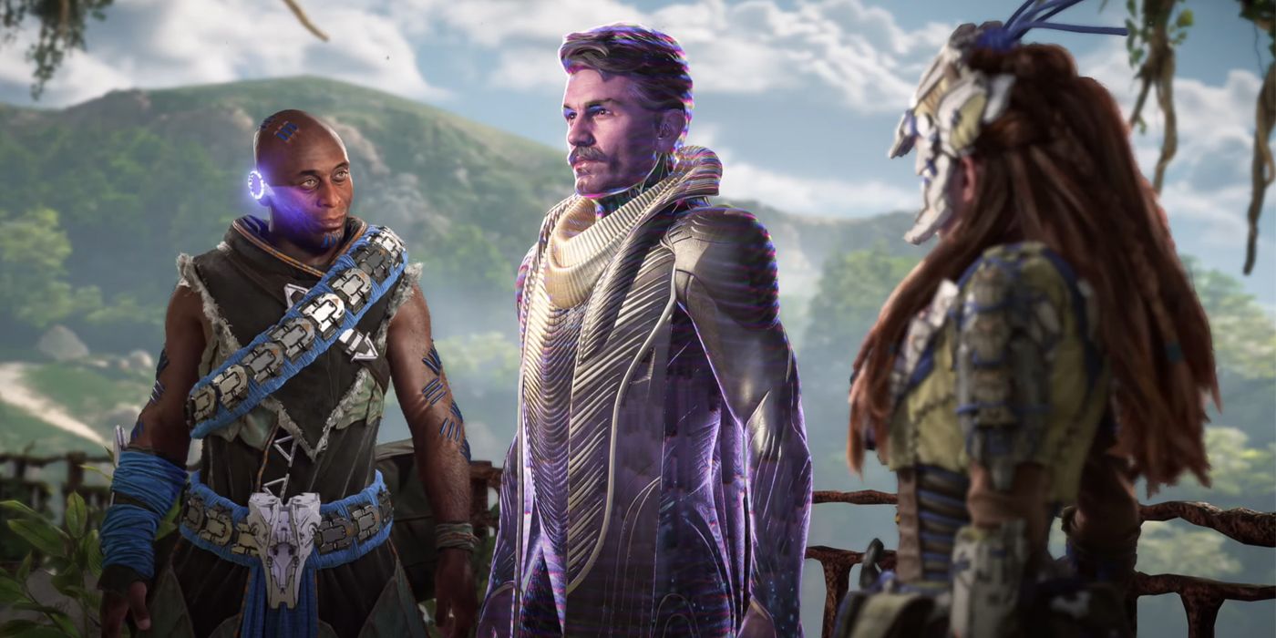 Sylens tells Aloy about a surviving Far Zenith called Walter Londra, whose hologram is projected between them in Horizon Forbidden West's Burning Shores DLC