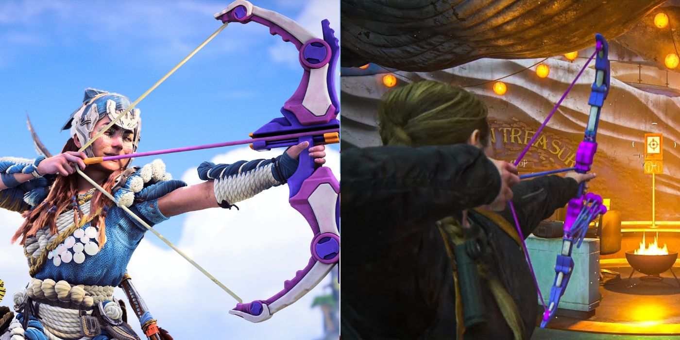 Aloy, wearing bright blue, braided armor, draws back a neon purple toy bow in Horizon Forbidden West&rsquo;s Burning Shores expansion; in The Last of Us Part II, Abby draws back a similar bow