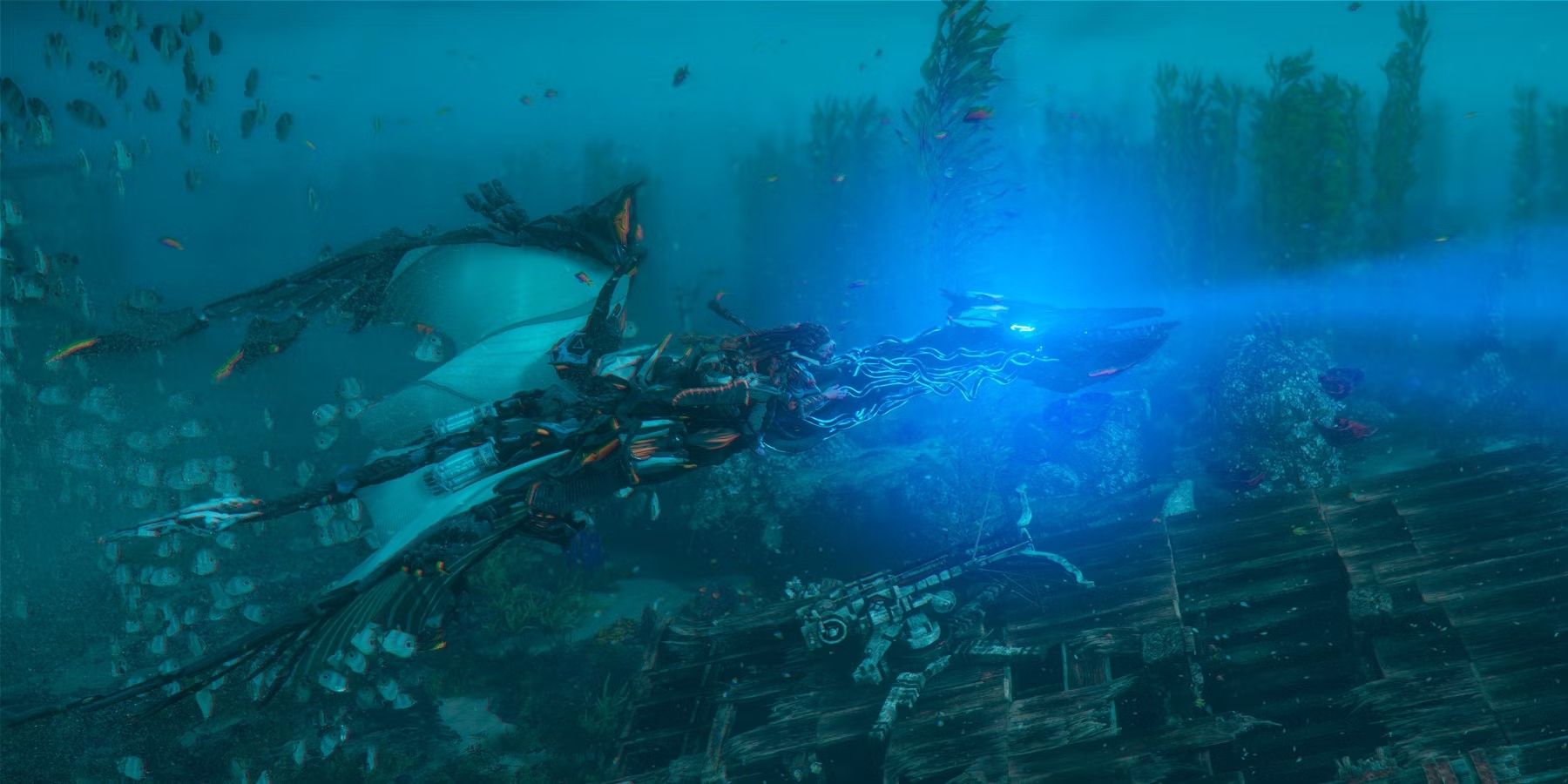 A screenshot of Horizon Forbidden West&rsquo;s Aloy riding the DLC&rsquo;s new Waterwing machine while swimming underwater.