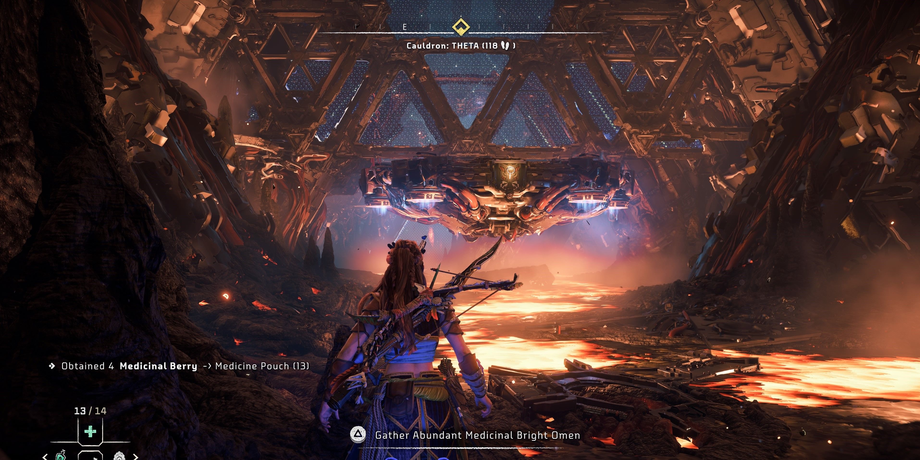 Aloy looking at the hovering platform in the Theta Cauldron