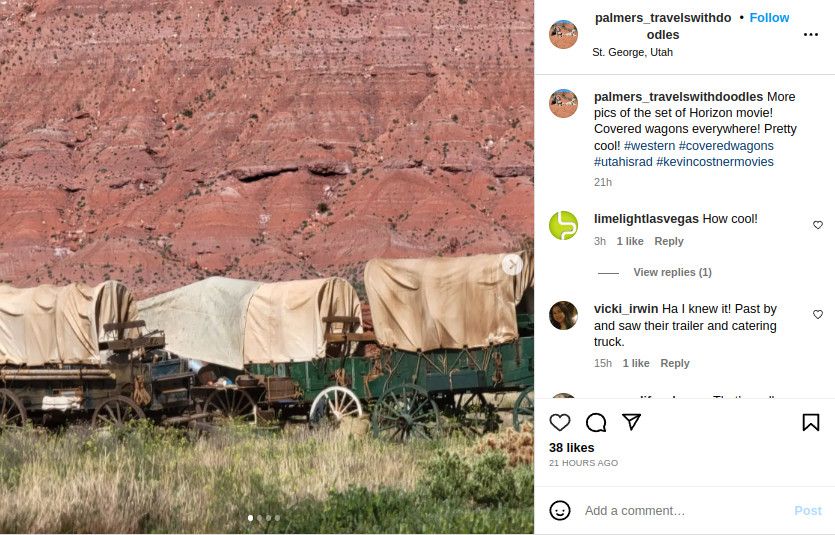 Instagram post showing set photo from the movie Horizon, a line of covered wagons against a rock wall in Utah
