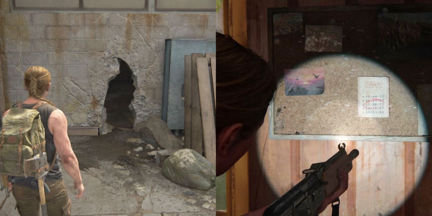 Abby looks at a cracked wall containing the Big Win Safe in The Last Of Us Part 2