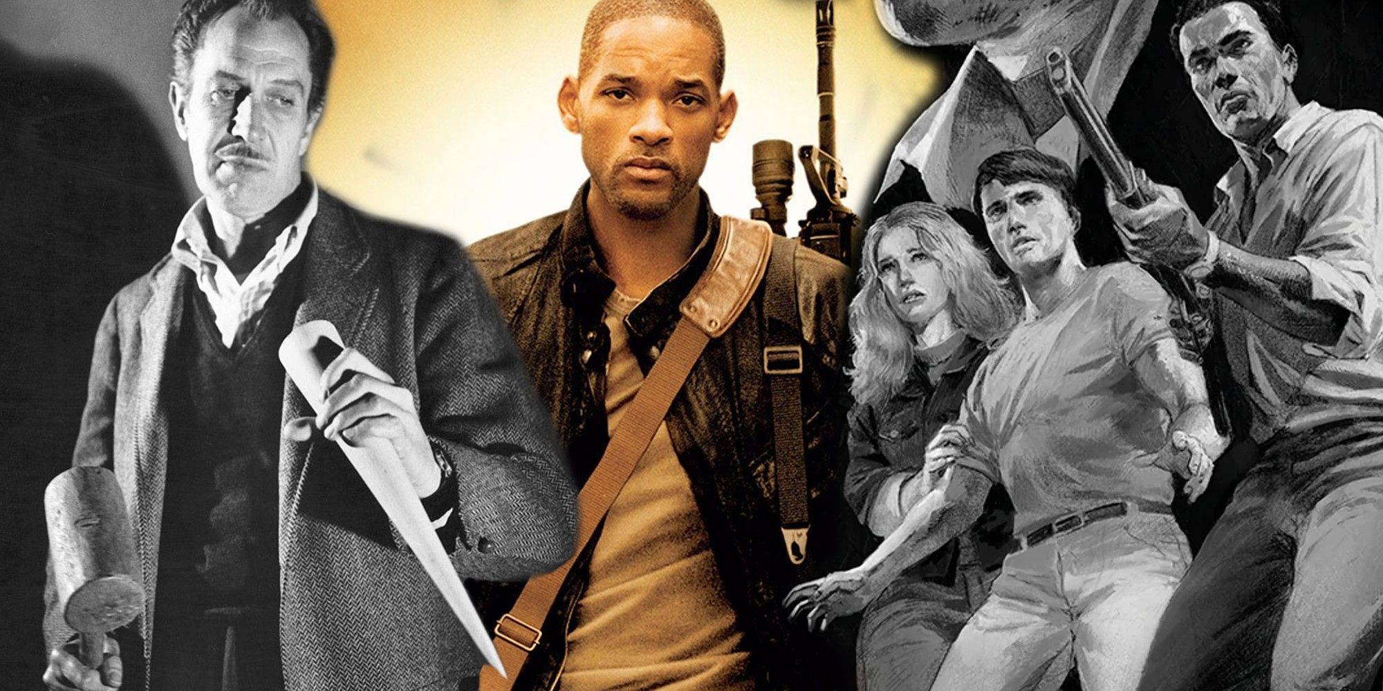 Will Smith from 2007's I Am Legend flanked on either side by two other adaptations of the novel.