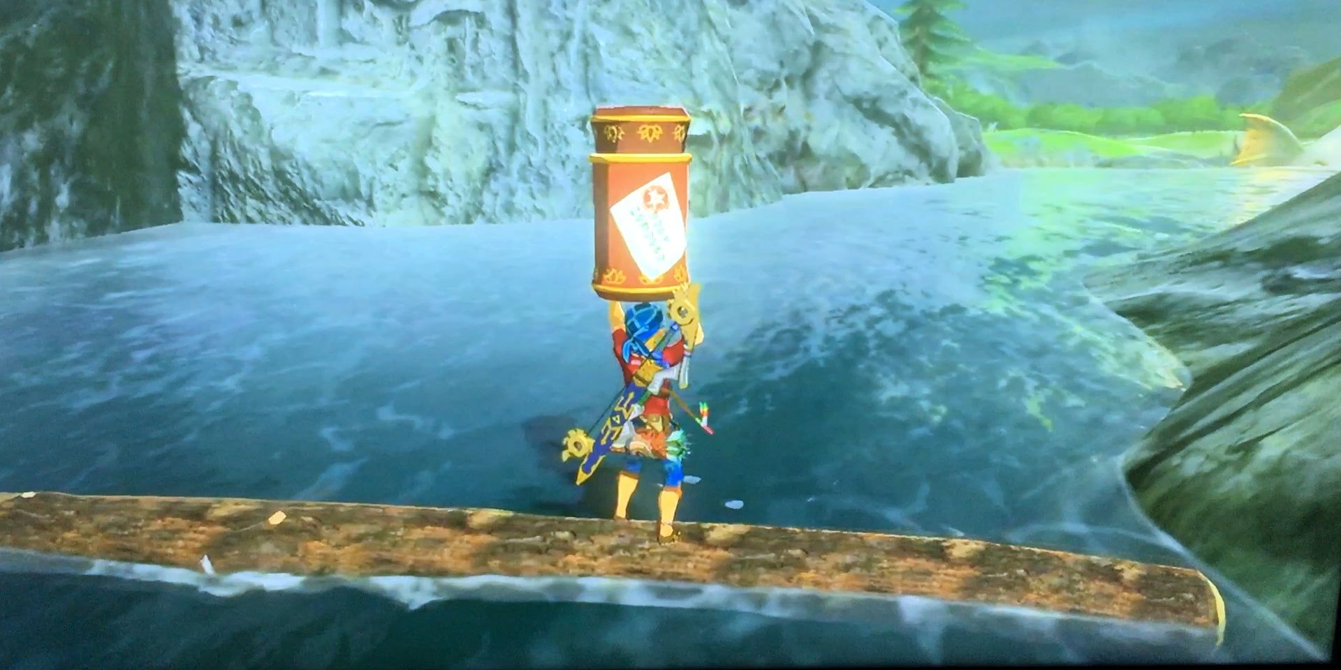 Link lleva la carta de Finley, en un bote rojo, mientras monta un tronco río abajo en la misión secundaria Entrega especial de Breath of the Wild.