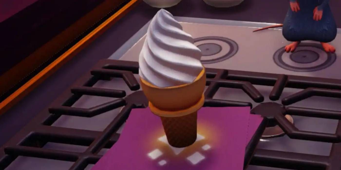 Disney Dreamlight Valley Dream Ice Cream at Cooking Station for Players to make with Chez Remy in Background