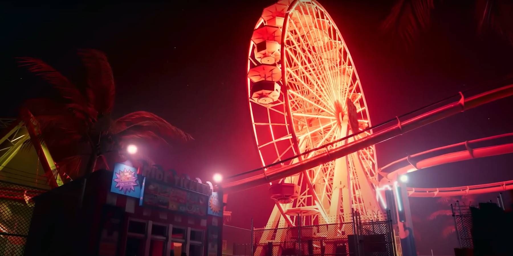 Dead Island 2 Amusement Park Area with Glowing Ferris Wheel Trailer Screenshot