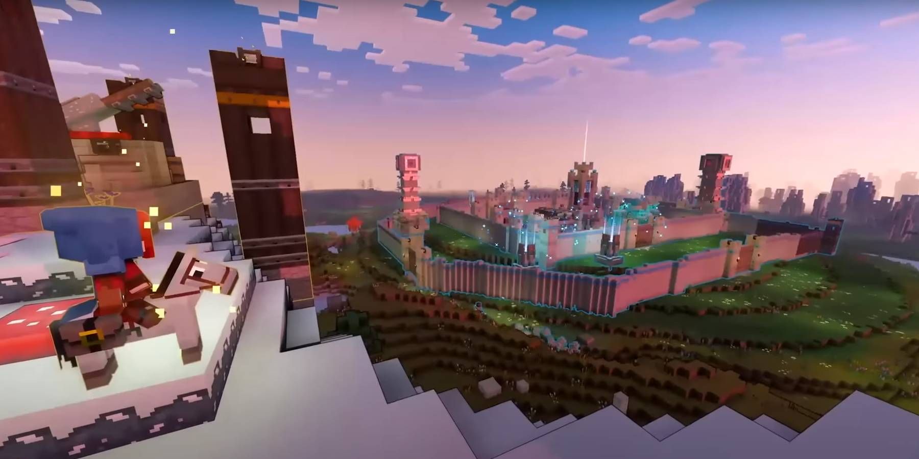 Minecraft Legends Player Looking at Highly Upgraded Base with Multiple Improvements and Towers