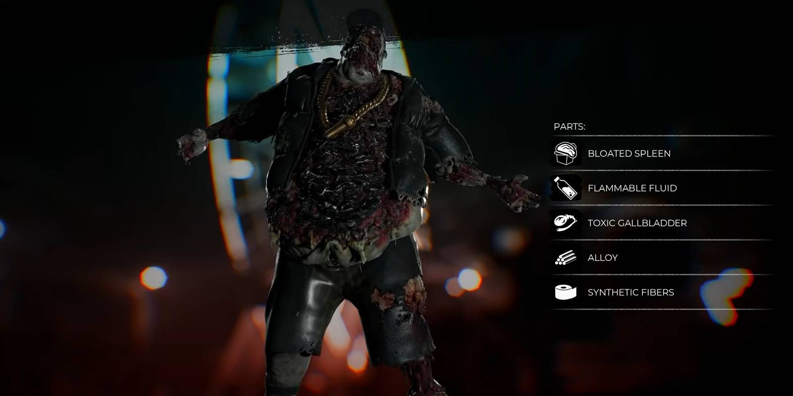 Dead Island 2 Firestorm Slobber with Zombie Parts Listed From Enemy's Defeat Including Flammable Fluid