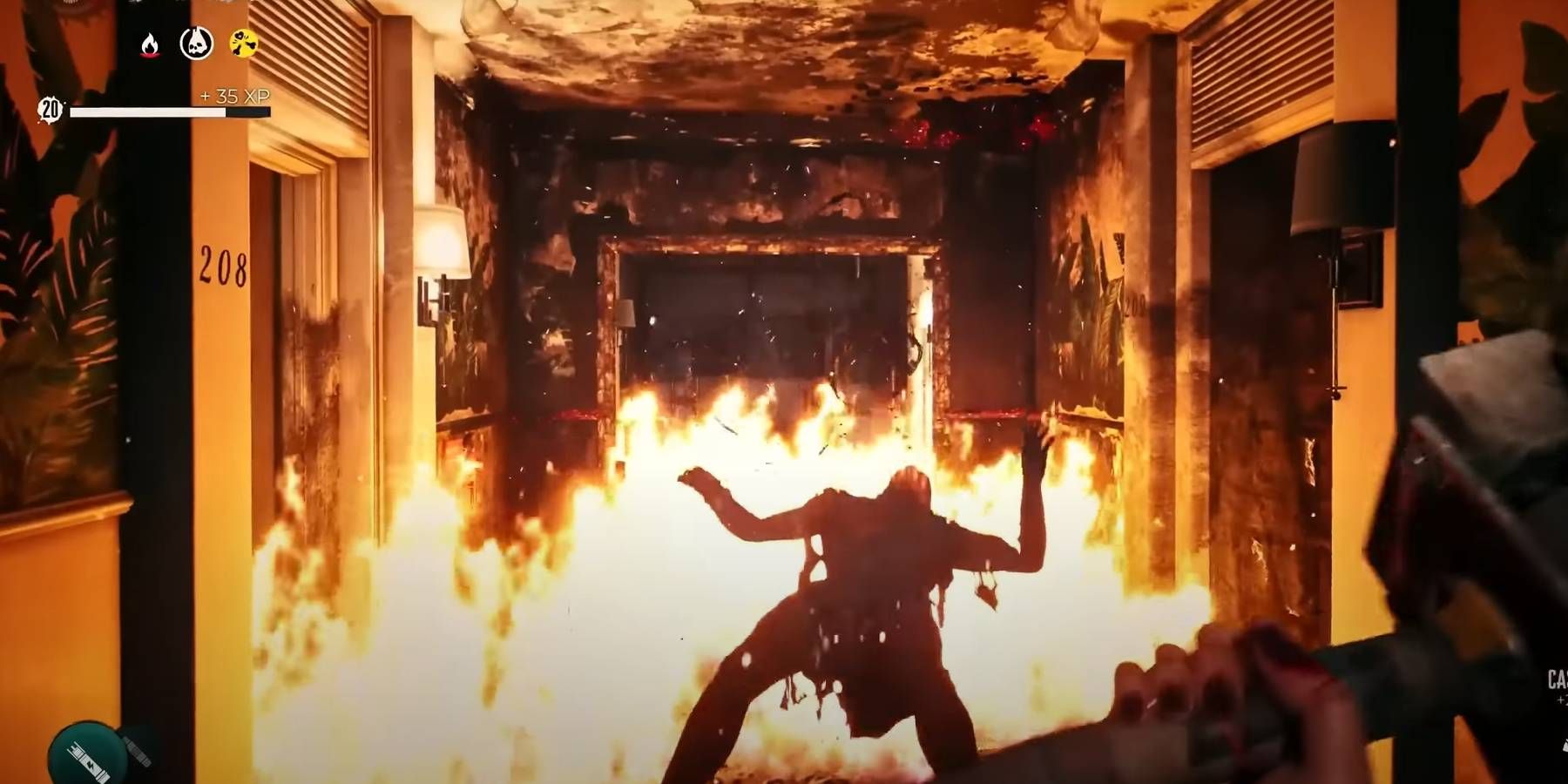 Dead Island 2 Burning Hallway and Zombie Variant that Drops Flammable Fluid on Defeat