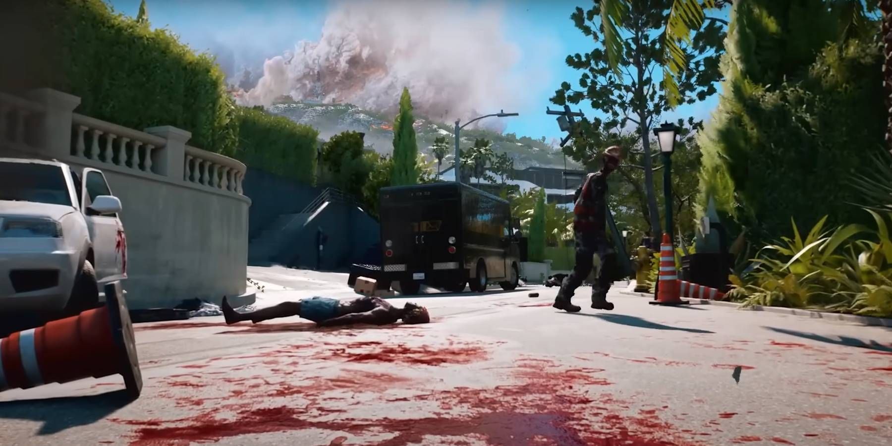 Dead Island 2 Zombie Among LA Apocalypse with Dead Body, Empty Cars, and Fire in Distance