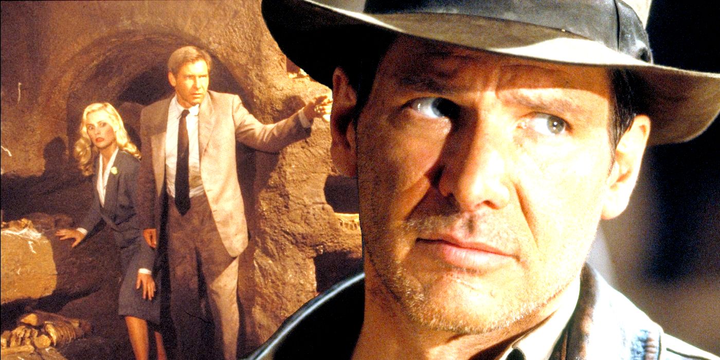 Promotional still of Indy and Elsa entering the Venice Catacombs in Indiana Jones and the Last Crusade. A larger screencap of Indy from the same film is pasted to the right.