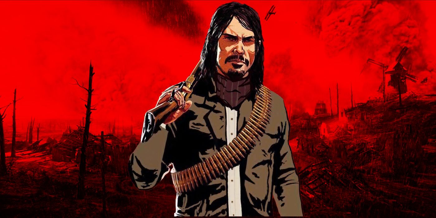 Red Dead Redemption's adult Jack Marston stands against a WW1 battlefield, which has been stylised to look red with high contrast much like the RDR series' promotional images