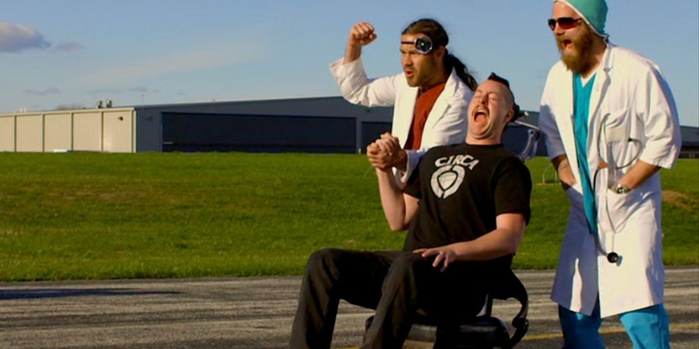 The cast is blasted with a jet engine in Jackass 3D
