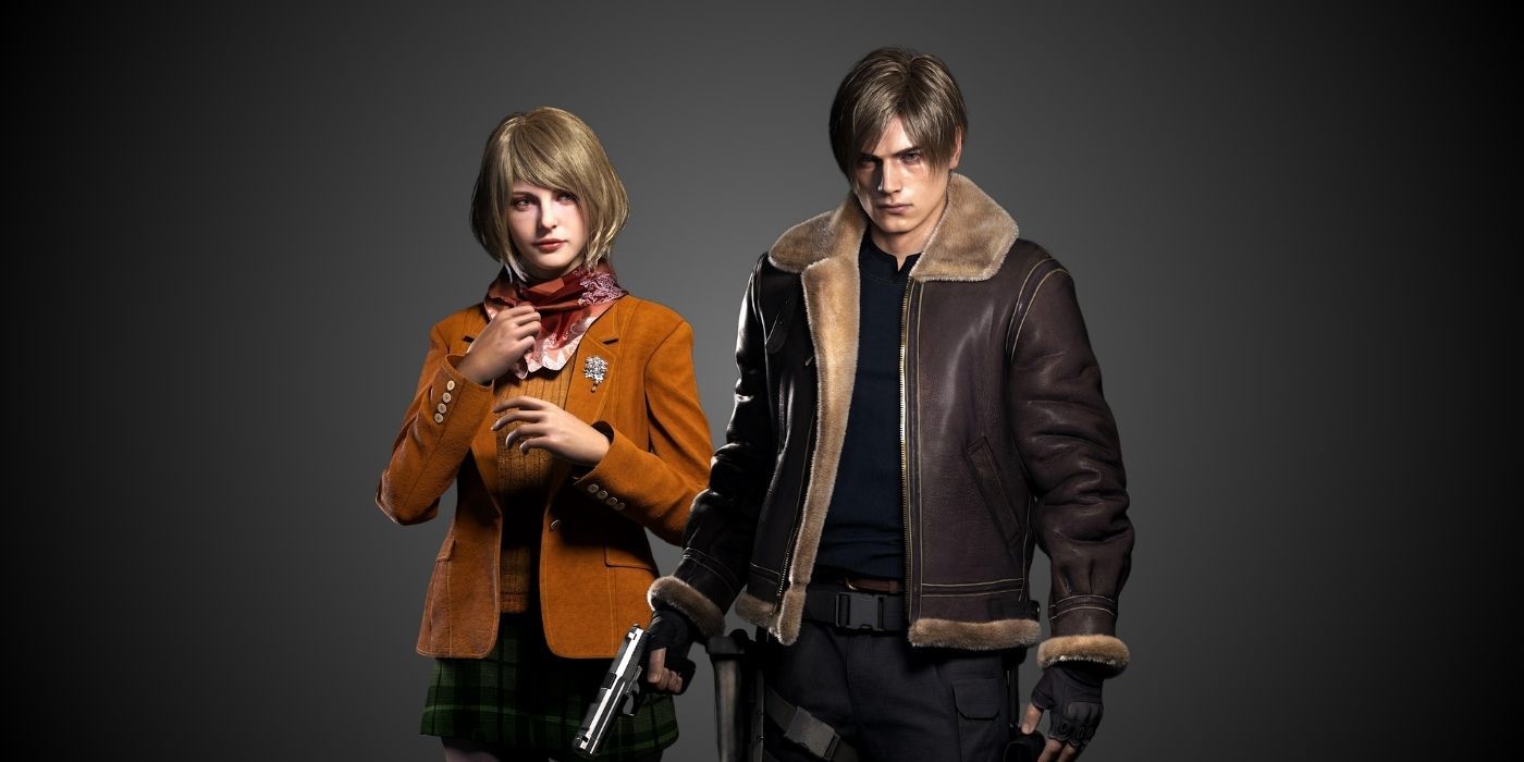 Ashley and Leon wearing their Jacket costumes in the RE4 remake against a black and grey gradient background.