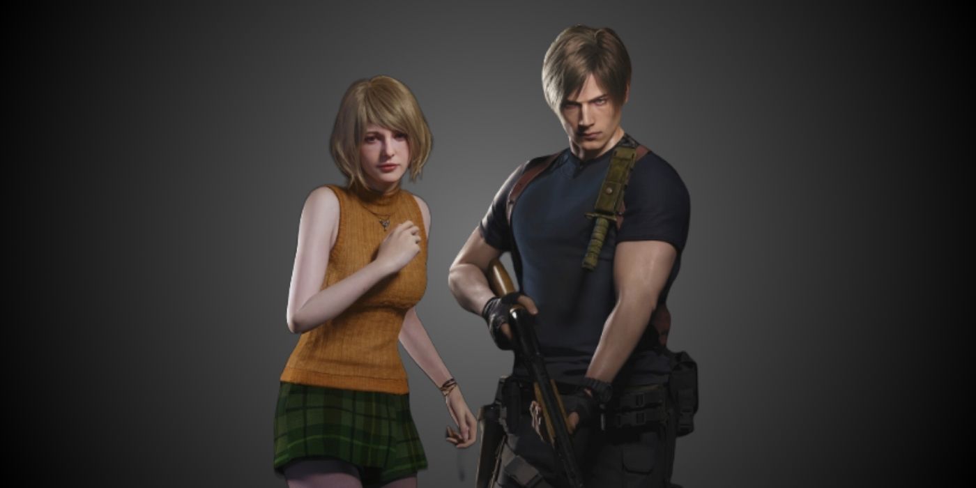 Ashley and Leon wearing their Jacketless costumes in the RE4 remake against a black and grey gradient background.