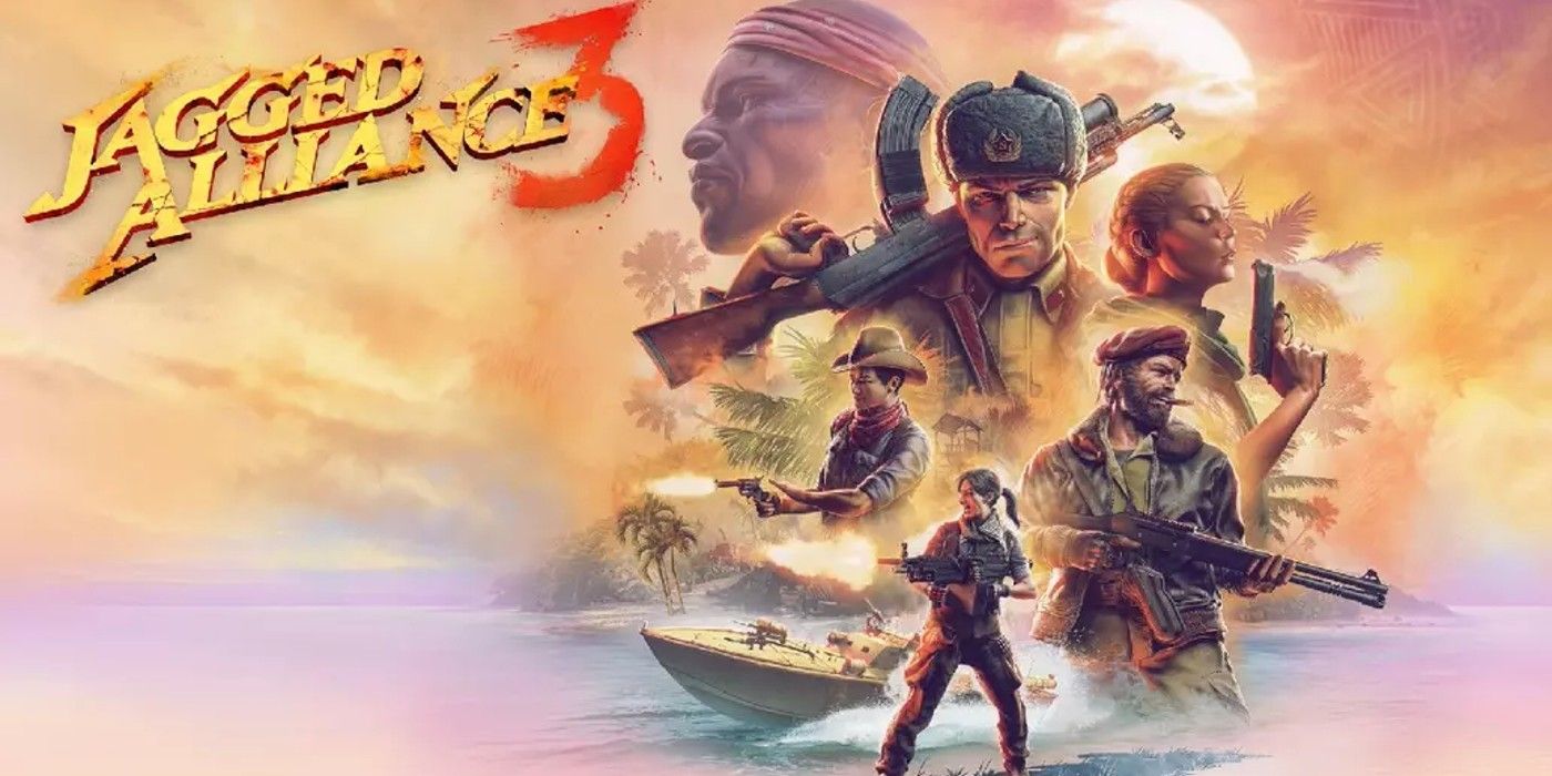 Jagged Alliance 3 Key Art showing the title and several fighters holding weapons with a tropical sunset backdrop.