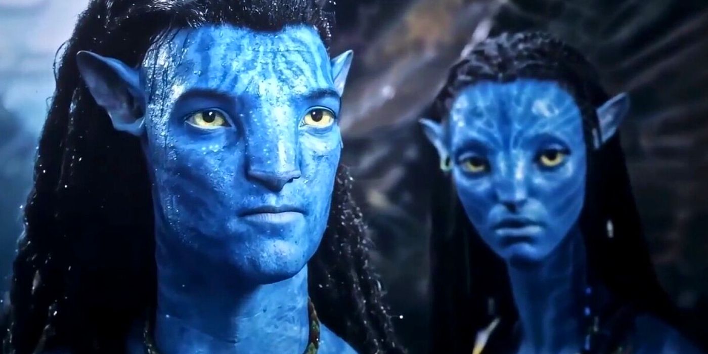 Jake and Neytiri looking serious in Avatar: The Way of Water.