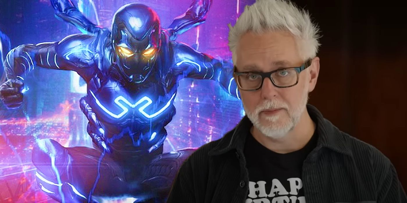 James Gunn next to official artwork for the DCU's Blue Beetle