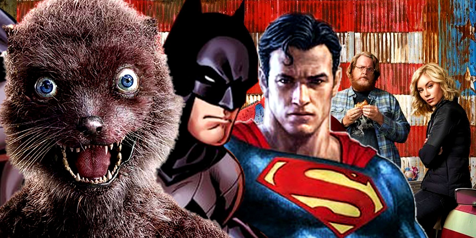 James Gunn&rsquo;s Peacemaker and Weasel with Batman and Superman