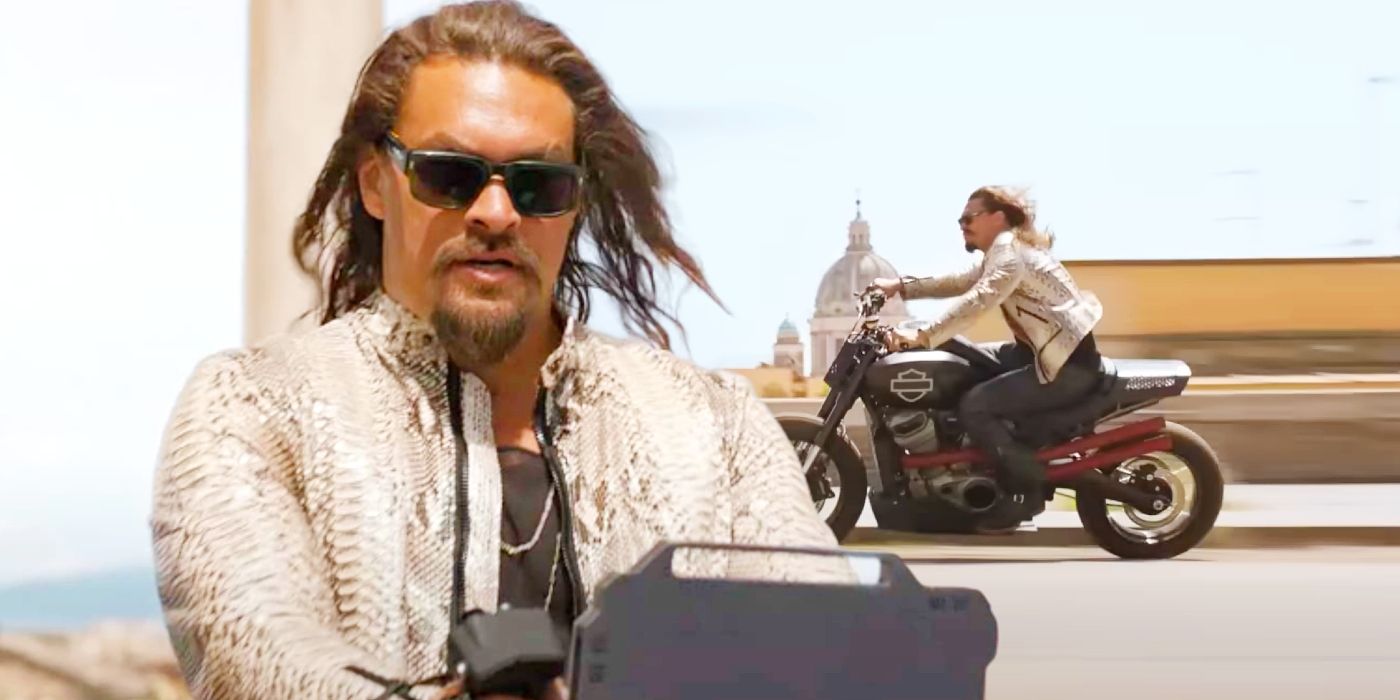 Jason Momoa as Dante in Fast X juxtaposed with Dante riding a motorcycle.