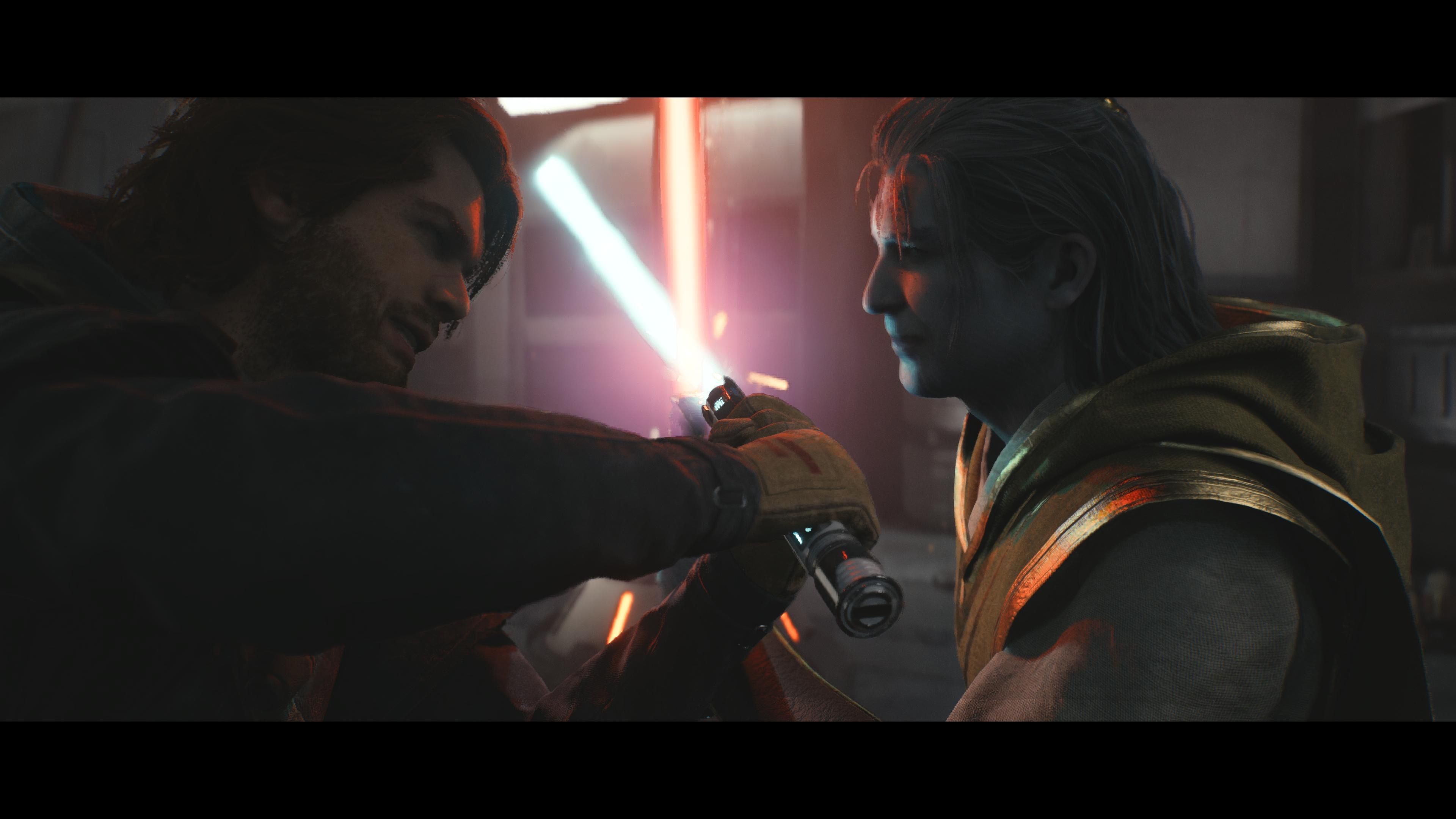 Cal and Dagan Gera locking lightsabers during a cutscene in Star Wars Jedi: Survivor.