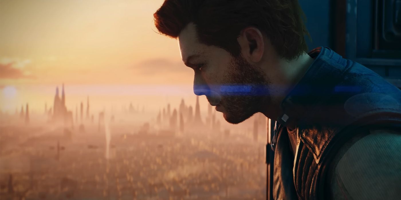Cal Kestis terlihat termenung saat dia diterangi matahari terbenam di atas kota di Star Wars Jedi: Survivor