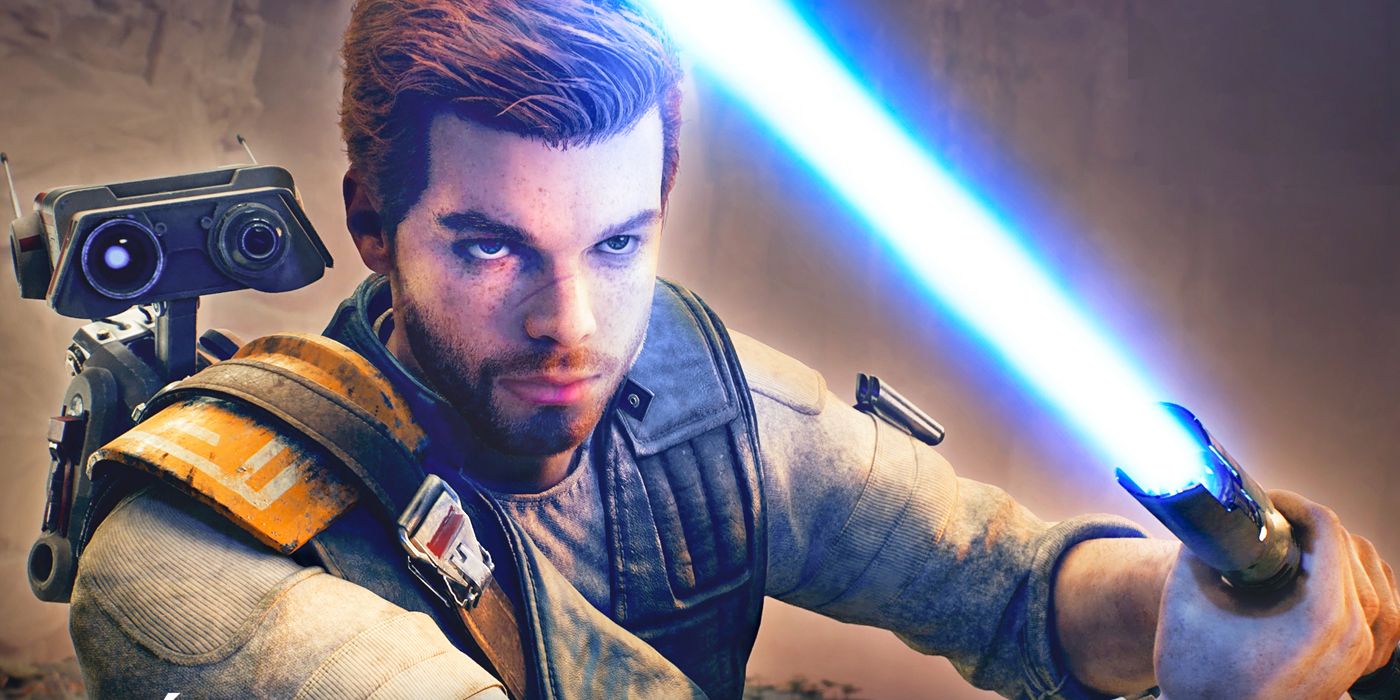 Cal Kestis holds his lightsaber in a defensive stance with BD-1 on his back in Jedi: Survivor