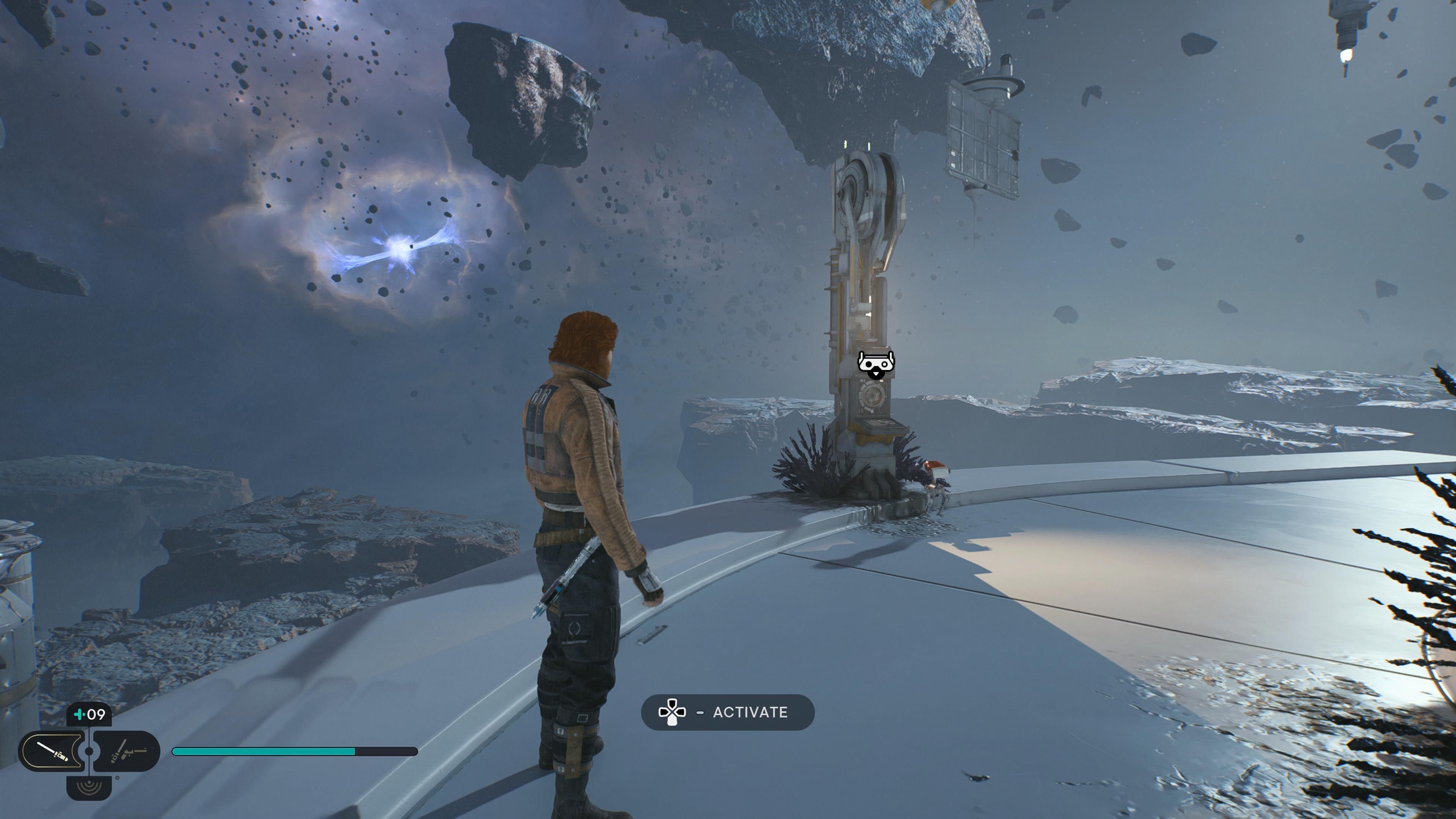 Cal Kestis standing on Koboh's Shattered Moon in Jedi: Survivor, while BD waits nearby to activate a device.
