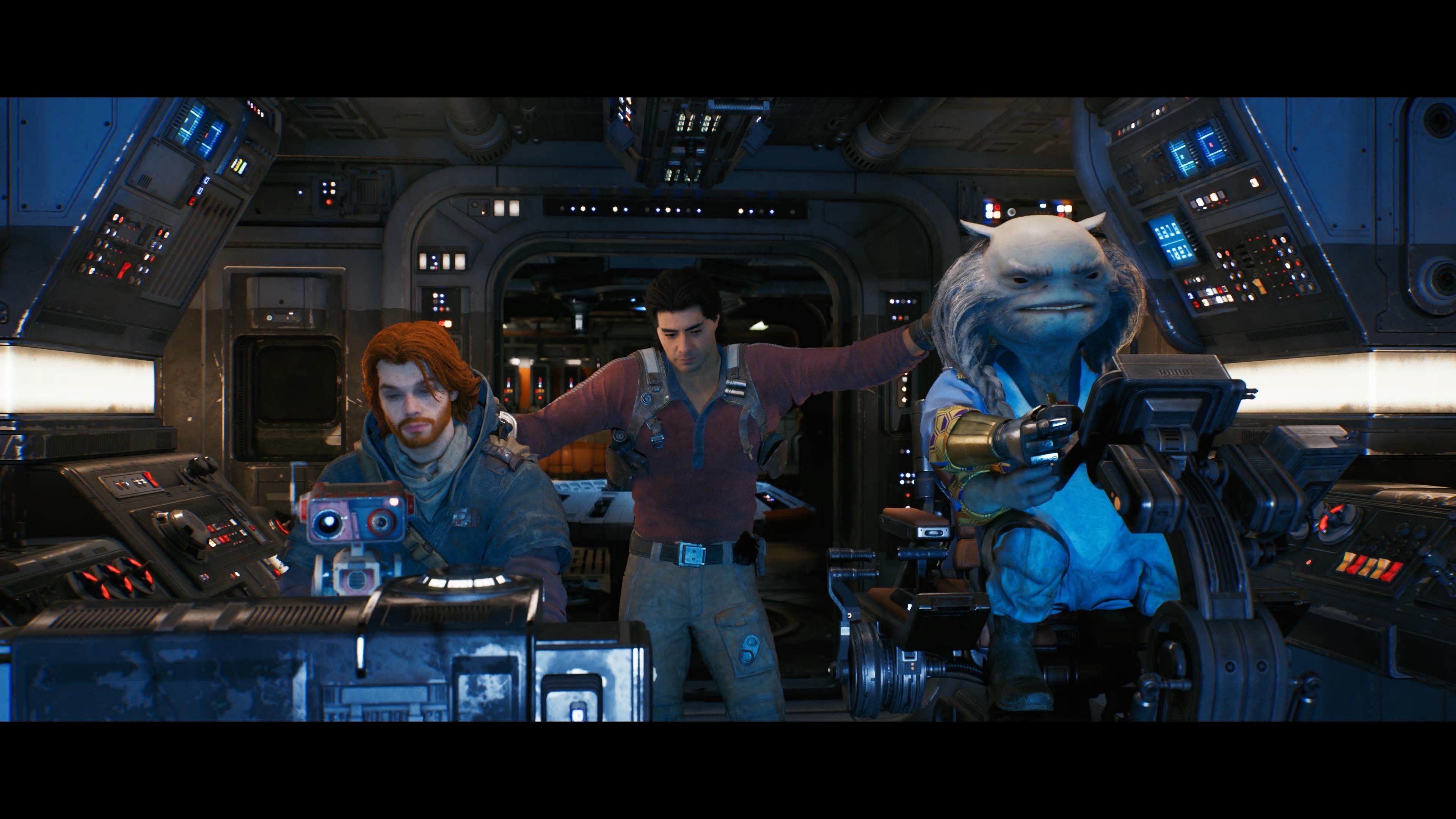 Cal Kestis, BD-1, Bode Akuna, and Greez Dritus in the Stinger Mantis cockpit in Star Wars Jedi: Survivor.