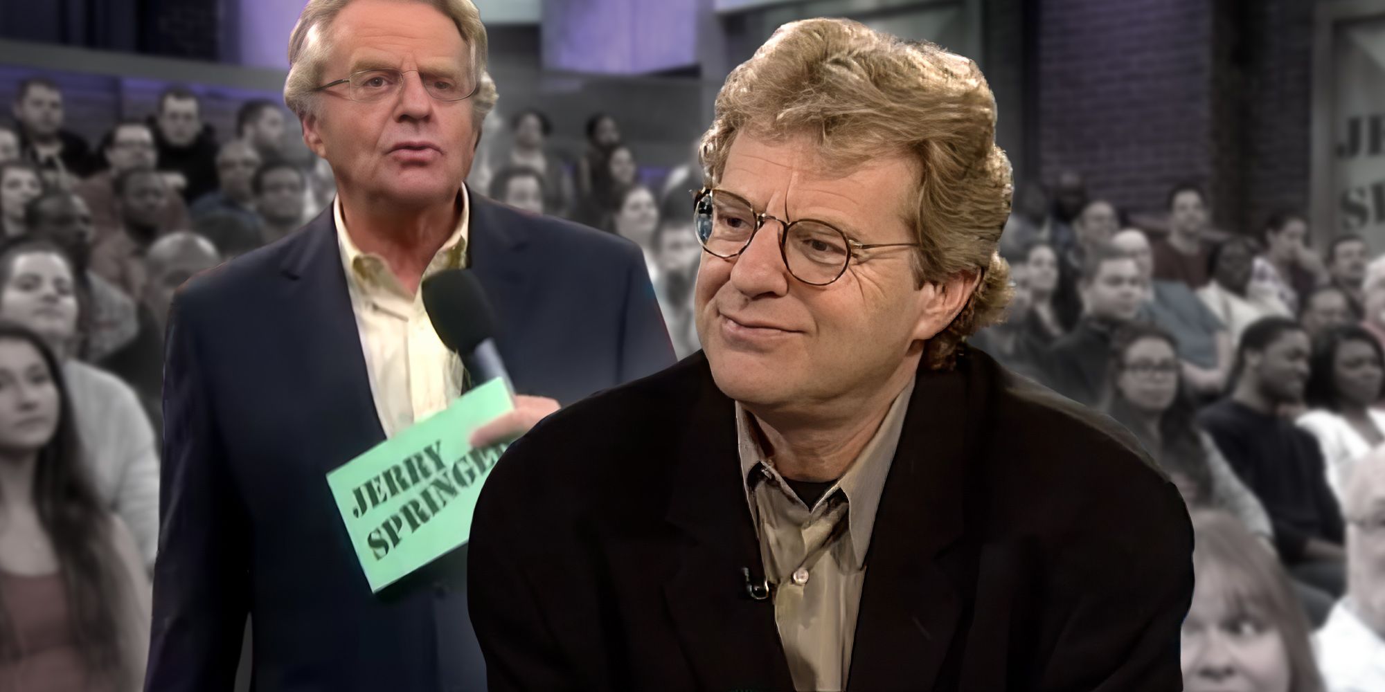 Jerry Springer hosting his Jerry Springer talk show smiling