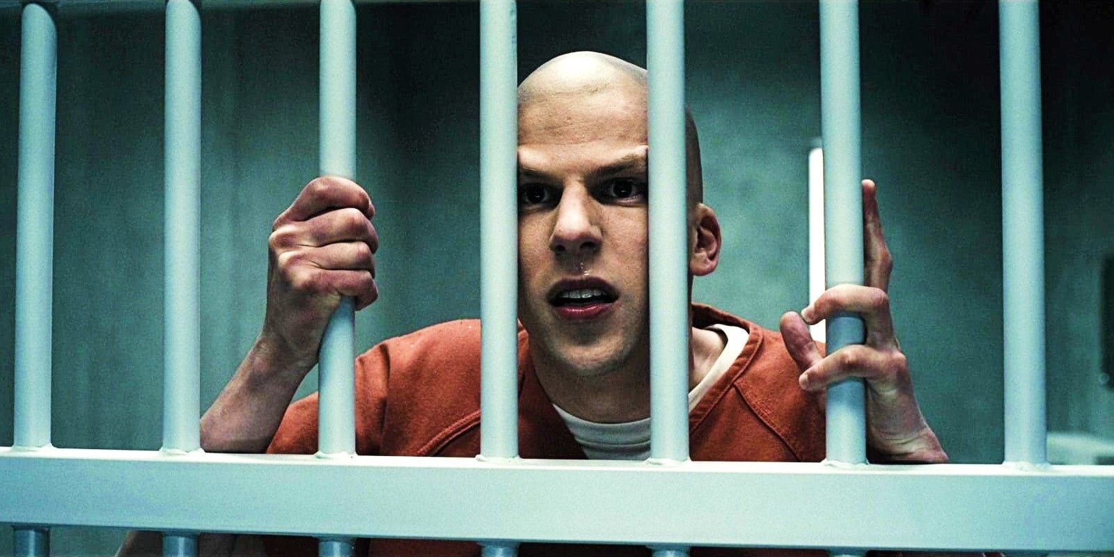 Jesse Eisenberg as Lex Luthor behind jail cell bars in Batman v Superman Dawn of Justice
