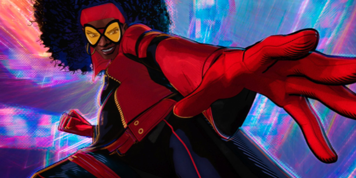 An image of jessica drew as spider-woman in spider-man across the spider-verse trailer holding her hand out