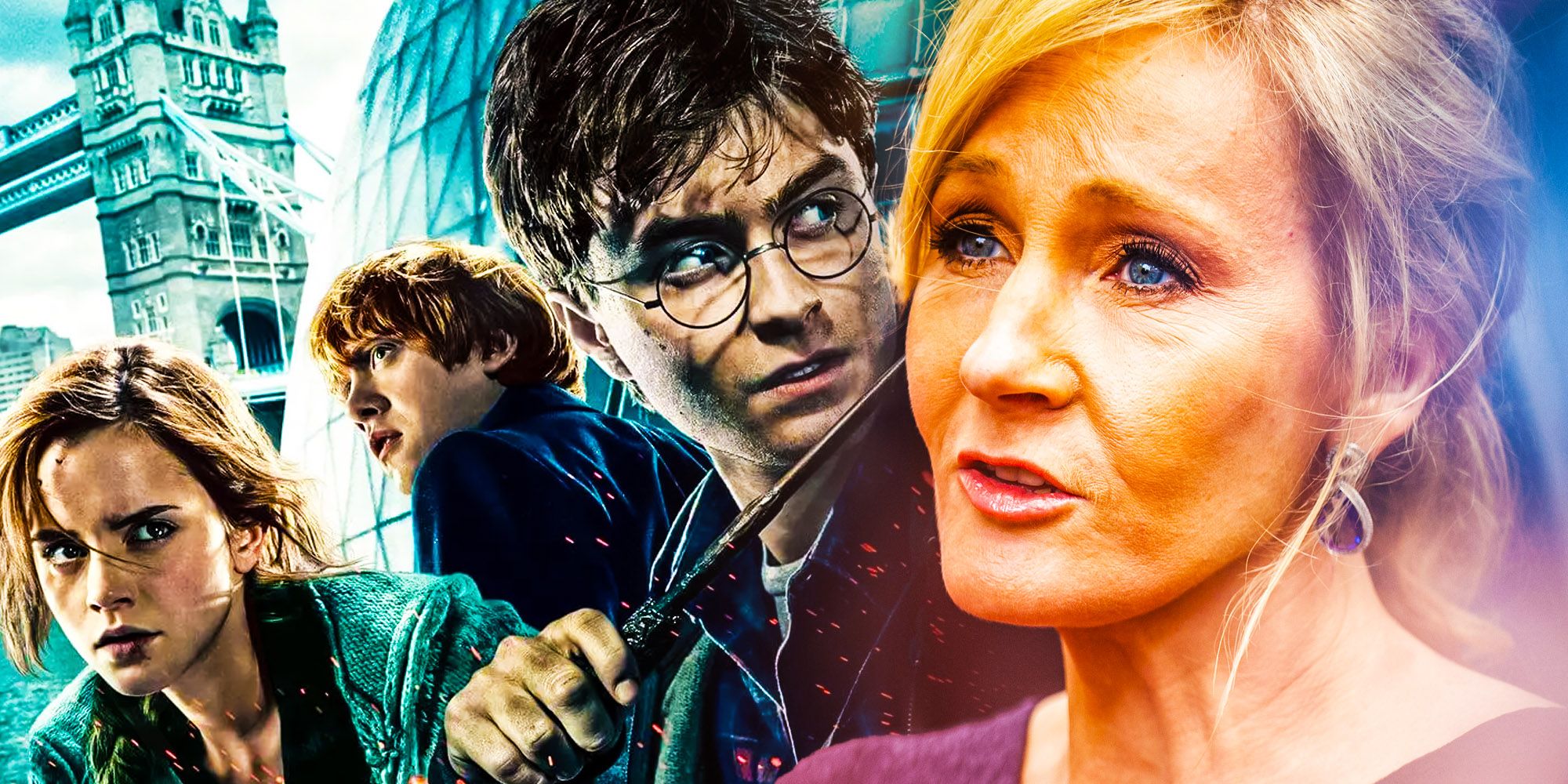 JK Rowling con el elenco de la serie Harry Potter
