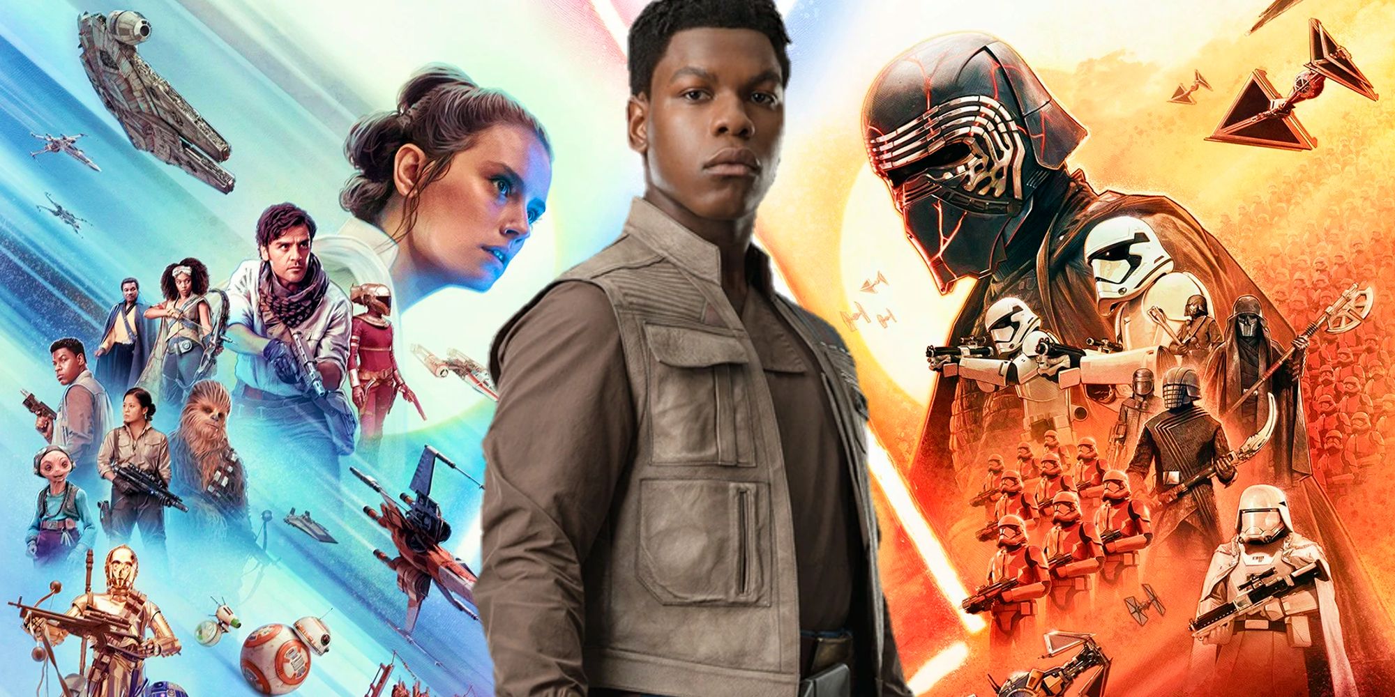 John Boyega como Finn junto a la obra de arte de Star Wars Sequels