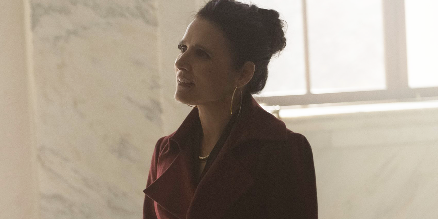 julia louis dreyfus as contessa valentina allegra de fontaine in The Falcon and the Winter Soldier looking off-screen