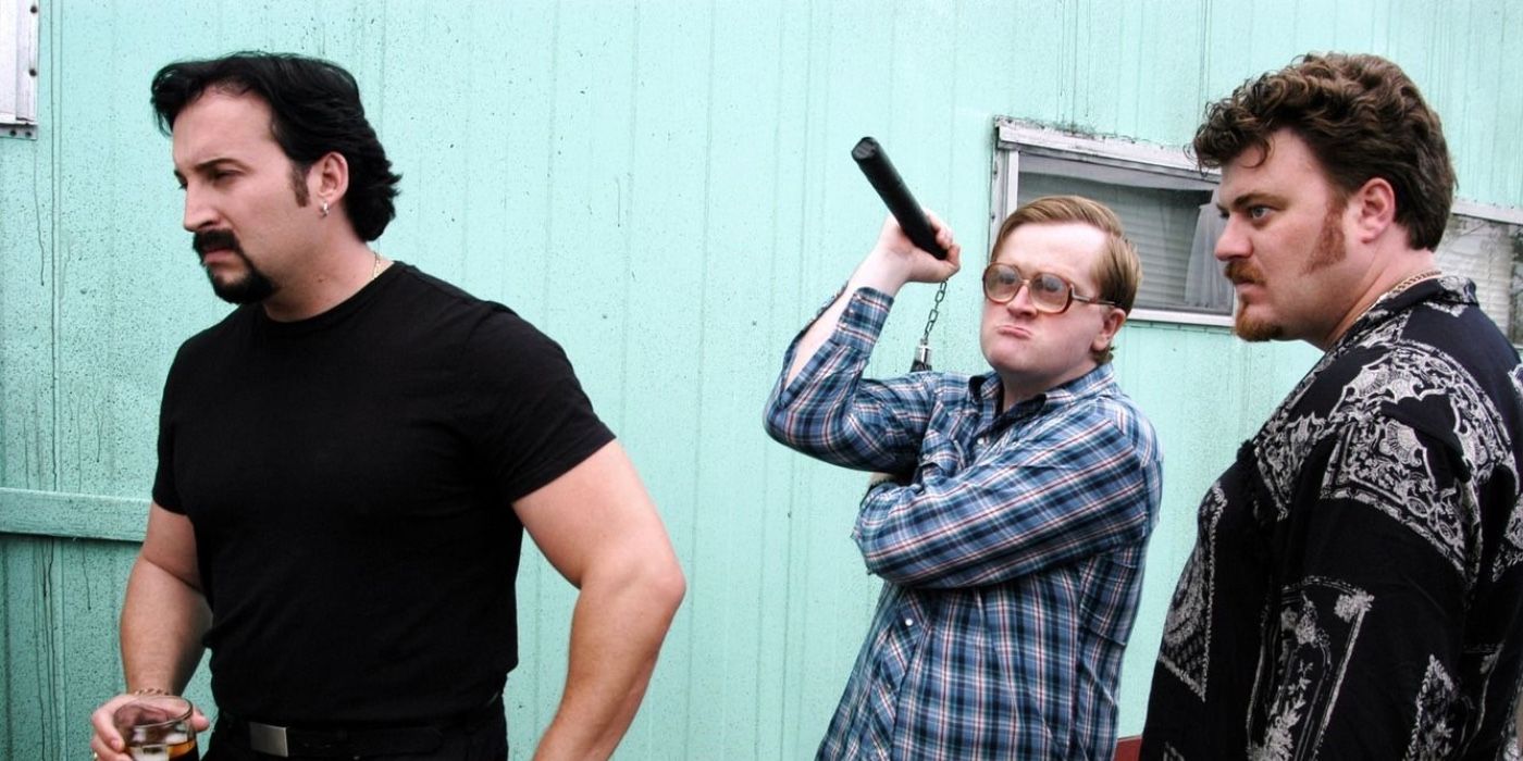 Bubbles (Mike Smith) with num-chuks with Ricky (Robb Wells) and Julian (John Paul Tremblay) in Trailer Park Boys 