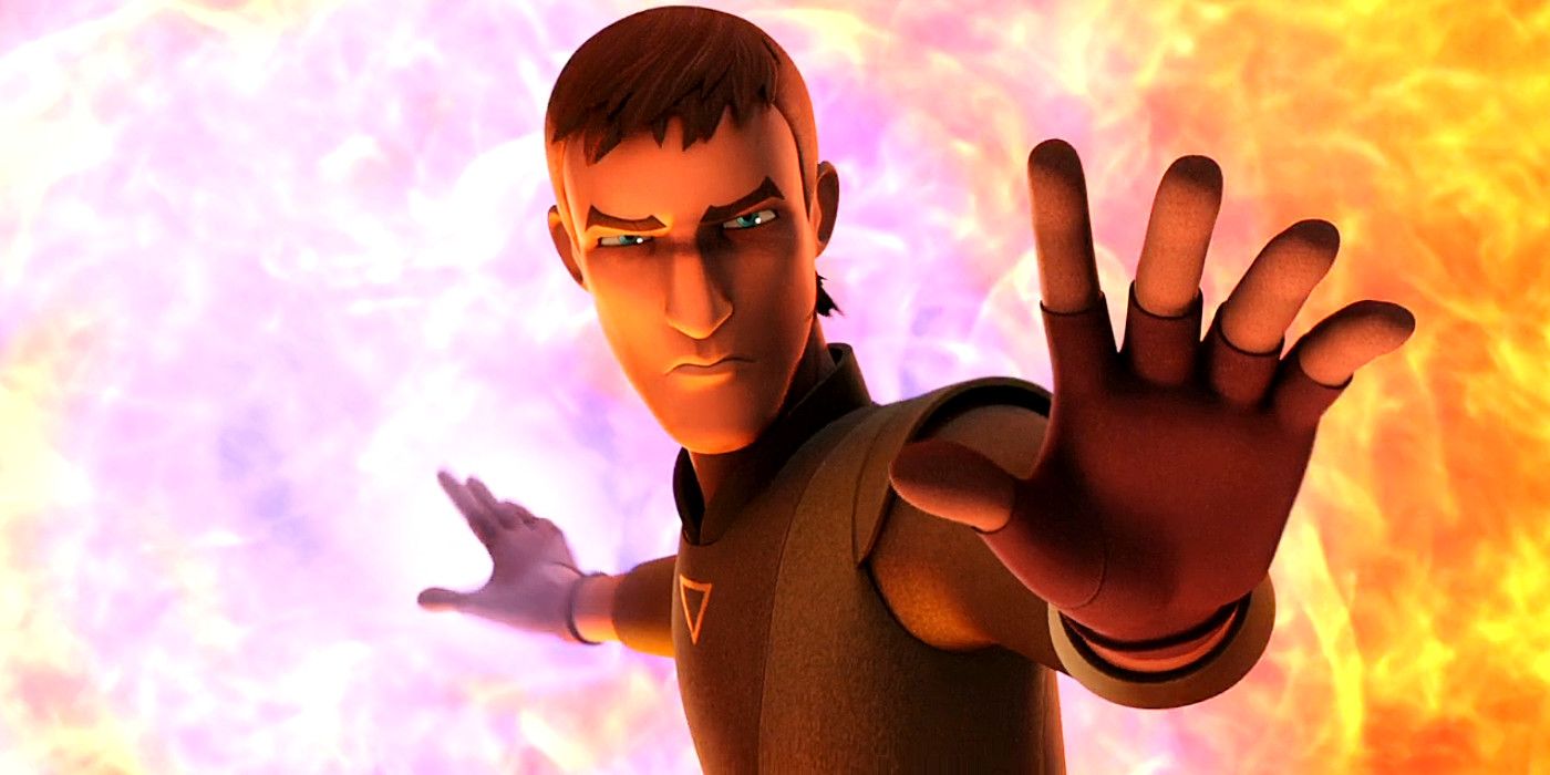 Kanan Jarrus holding back a blast of fire in Star Wars Rebels 