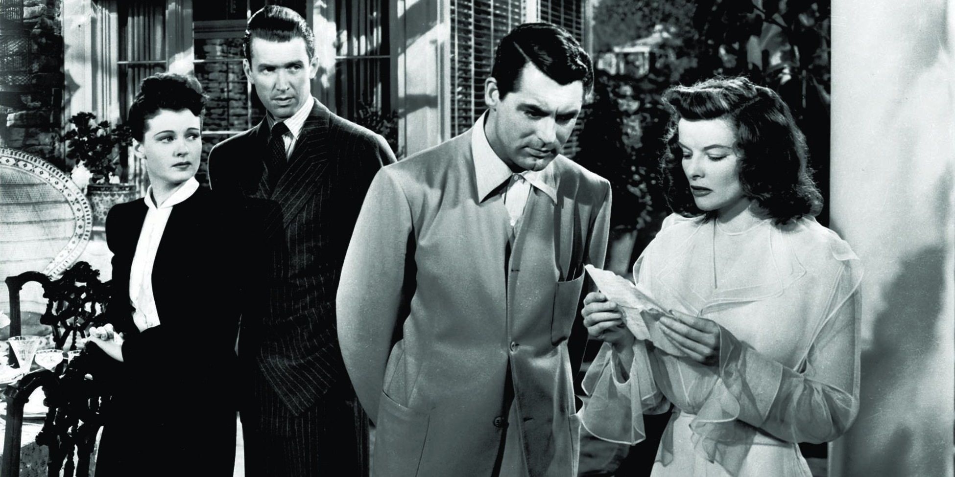 Katharine Hepburn and her suitors in The Philadelphia Story