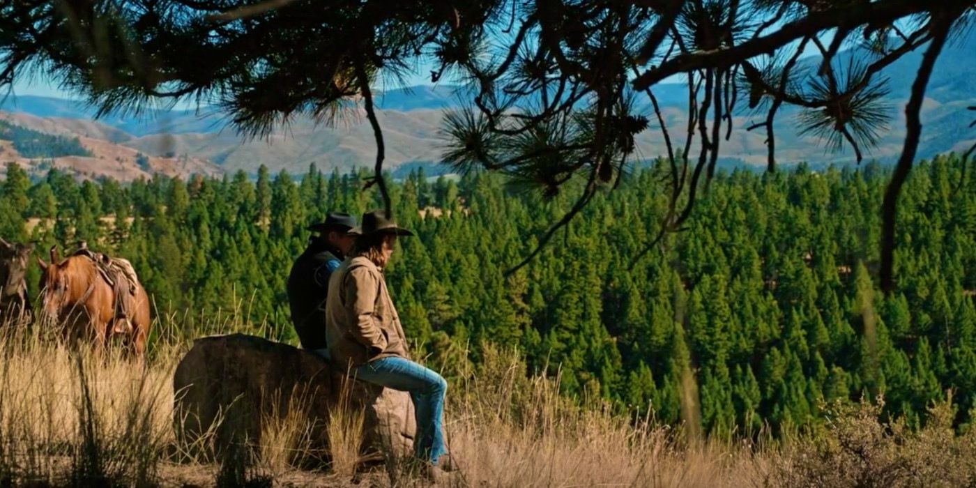 kevin costner as john dutton and luke grimes as kayce yellowstone death spot