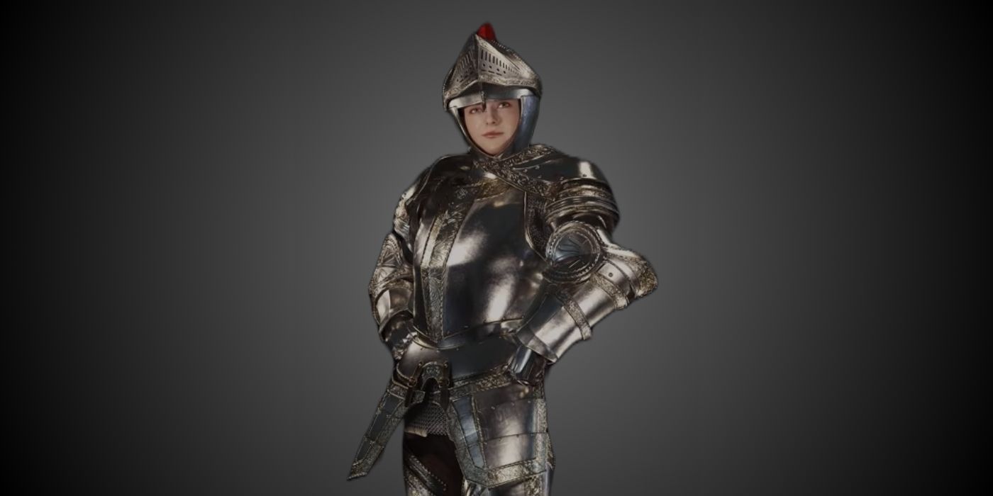 Ashley wearing her knight Armor costume in the RE4 remake against a black and grey gradient background.
