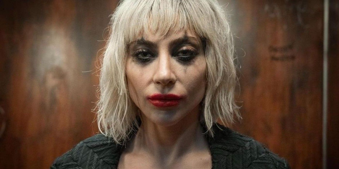 Lady Gaga staring into the camera as Harley Quinn in Joker 2