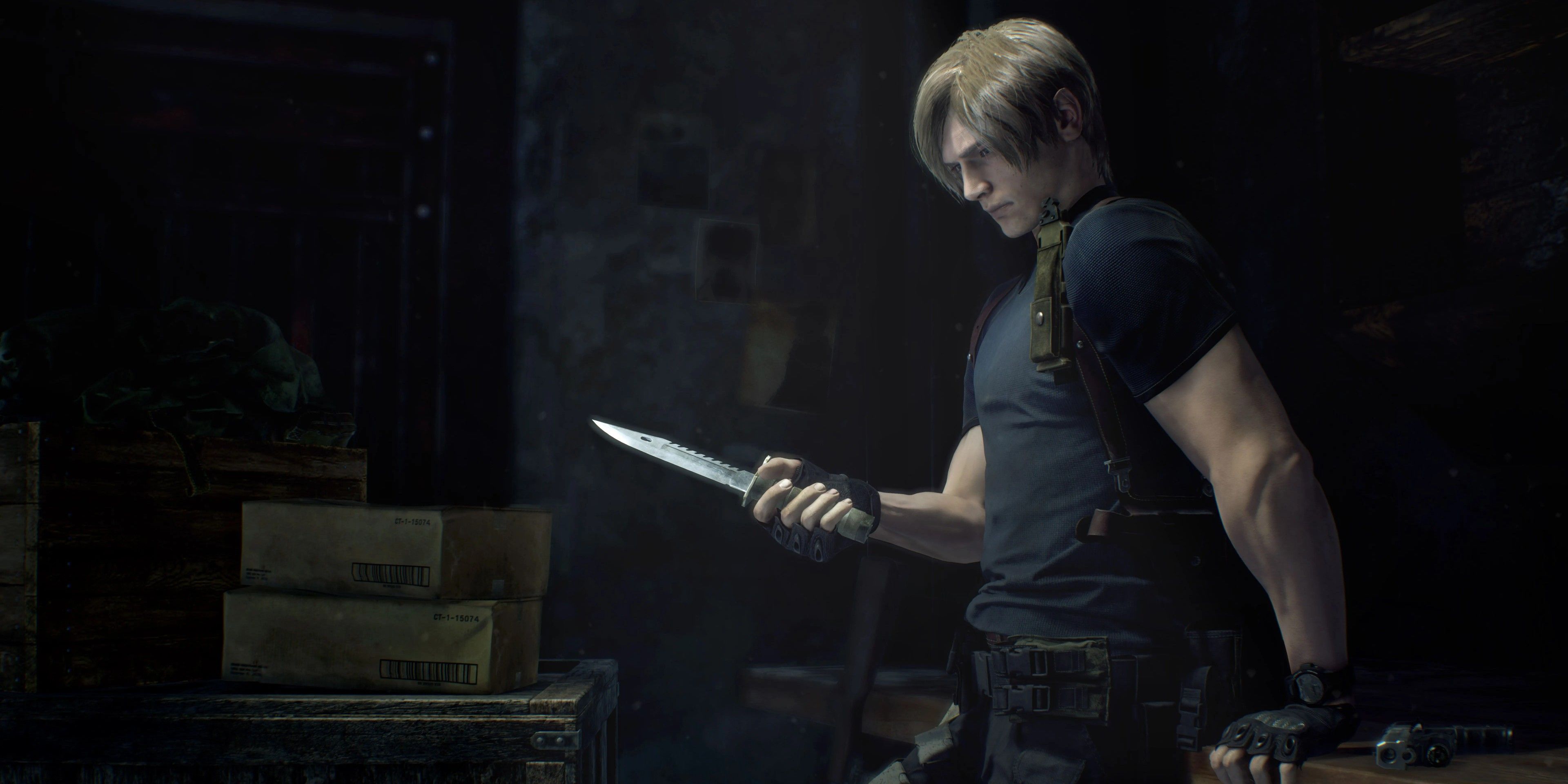 Leon examines a knife in the Resident Evil 4 remake.