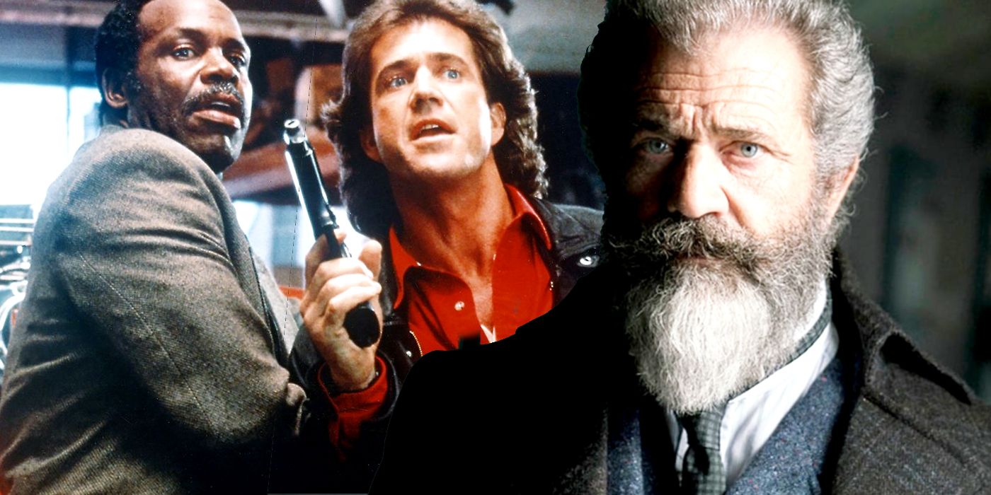 Promotional still of Riggs and Murtaugh in Lethal Weapon 3 next to an image of Mel Gibson in 2019's The Professor and the Madman.