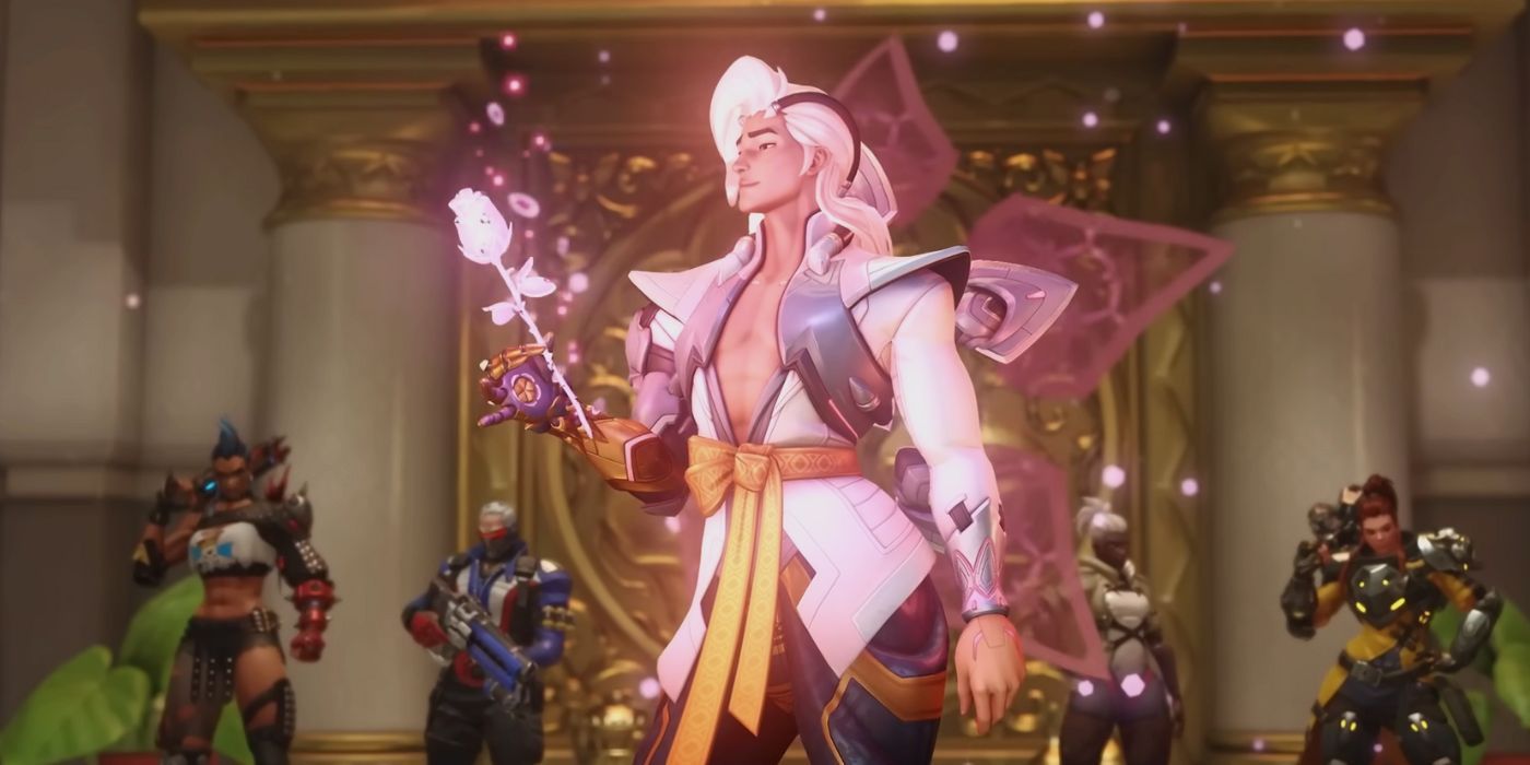 Lifeweaver holding a glowing pink rose in Overwatch 2.