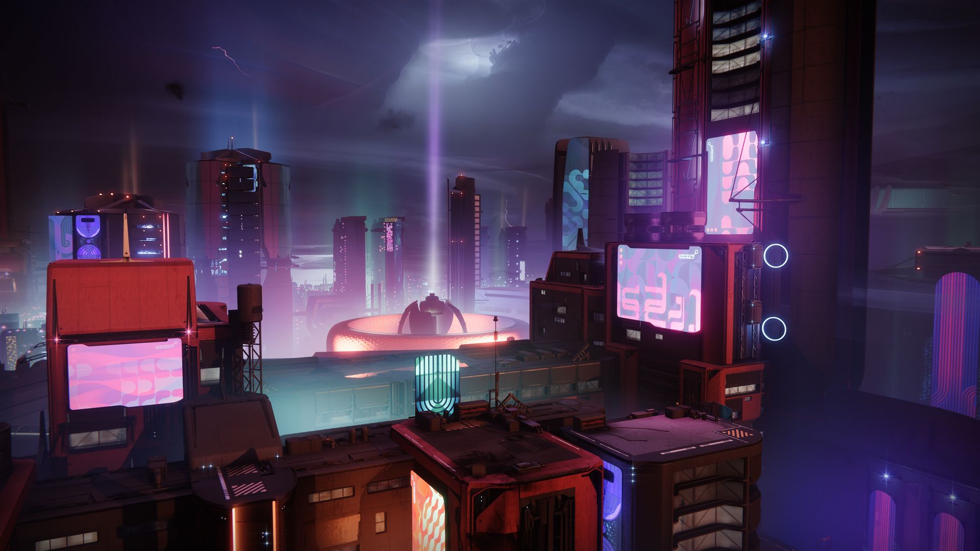 An image of Destiny 2: Lightfall's Neomuna city and its skyline. There are many buildings, all lit with neon.