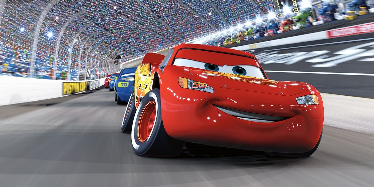 Lightning McQueen on a racetrack in Cars