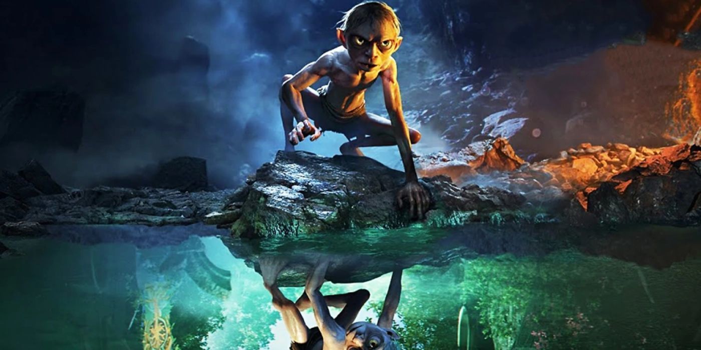 Lord of the Rings Gollum Game, showing Gollum crouching on a rock by the water, his reflection in the water showing a much happier scene